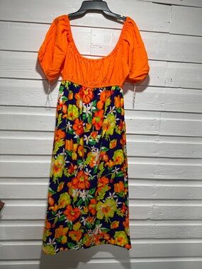 Vintage Bright Orange Floral Midi Dress